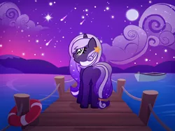 Size: 1200x896 | Tagged: safe, artist:jennieoo, derpibooru import, oc, oc:midnight twinkle, pony, unicorn, cloud, image, night, night sky, pier, png, show accurate, sky, solo, stars