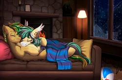 Size: 3650x2408 | Tagged: safe, artist:pridark, derpibooru import, oc, oc:baysick, oc:icy breeze, unofficial characters only, earth pony, pony, couch, cuddling, eyes closed, image, png, sleeping