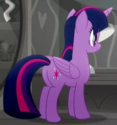 Size: 548x588 | Tagged: safe, derpibooru import, screencap, twilight sparkle, twilight sparkle (alicorn), alicorn, rainbow roadtrip, butt, cropped, image, plot, png, solo
