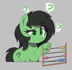 Size: 430x423 | Tagged: safe, artist:thebatfang, derpibooru import, oc, oc:anonfilly, earth pony, pony, abacus, aggie.io, confused, earth pony oc, female, filly, foal, gray background, image, mare, png, question mark, simple background, solo