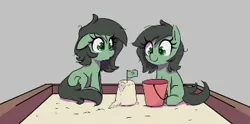Size: 361x179 | Tagged: safe, artist:thebatfang, derpibooru import, oc, oc:anonfilly, unofficial characters only, earth pony, pony, :o, aggie.io, bucket, cute, earth pony oc, female, filly, flag, floppy ears, foal, gray background, image, mare, open mouth, png, sandbox, sandcastle, simple background, sitting, smiling