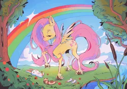 Size: 3508x2480 | Tagged: safe, artist:dizzychelsy, derpibooru import, angel bunny, fluttershy, mouse, pegasus, pony, animal, cattails, cloven hooves, female, forest, image, jpeg, rainbow, reeds, river, screentone, sleeping, tree, unshorn fetlocks, water