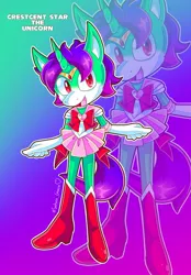 Size: 1423x2048 | Tagged: safe, alternate version, artist:gracie, derpibooru import, oc, oc:crescent star, unofficial characters only, anthro, crystal pony, unicorn, crystal unicorn, femboy, image, jpeg, male, mobian, sailor moon, sailor scout, simple background, sissy