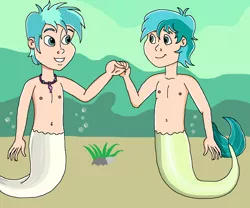 Size: 1632x1358 | Tagged: safe, artist:ocean lover, derpibooru import, sandbar, terramar, human, merboy, mermaid, merman, belly button, chest, duo, duo male, fist bump, human coloration, humanized, image, jewelry, looking at each other, looking at someone, male, mermanized, necklace, pearl necklace, png, smiling, smiling at each other, underwater, water