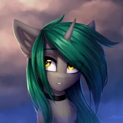 Size: 3000x3000 | Tagged: safe, artist:setharu, derpibooru import, oc, oc:soft spring, unofficial characters only, pony, unicorn, bust, chest fluff, collar, ear fluff, female, horn, image, mare, png, portrait, signature, solo