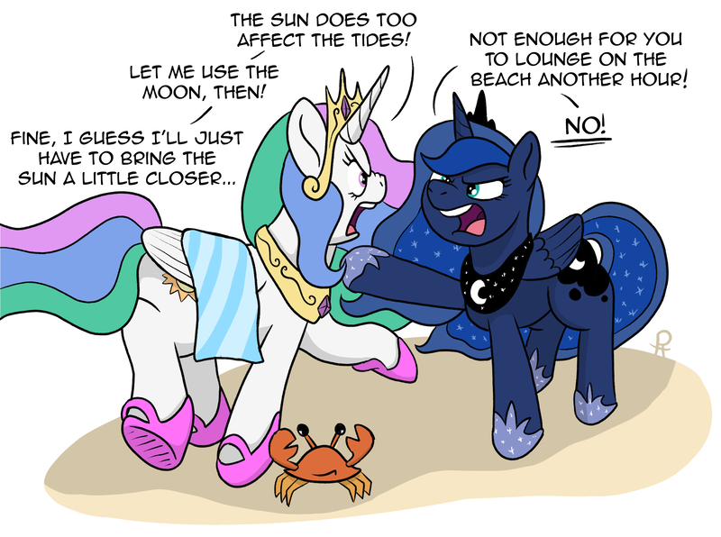 Size: 2679x1997 | Tagged: safe, artist:pony-thunder, derpibooru import, princess celestia, princess luna, crab, beach, comic, image, png