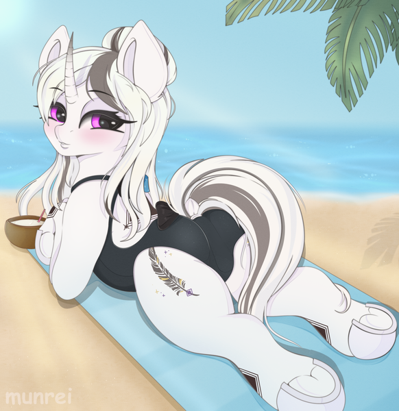 Size: 2115x2180 | Tagged: safe, artist:munrei, derpibooru import, oc, oc:chloe white, pony, unicorn, beach, blushing, clothes, commission, cutie mark, female, horn, image, lying, mare, ocean, png, purple eyes, solo, solo female, summer, swimsuit, water, ych result