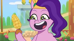 Size: 3410x1920 | Tagged: safe, derpibooru import, screencap, pipp petals, pegasus, pony, my little pony: tell your tale, spoiler:g5, spoiler:my little pony: tell your tale, spoiler:tyts01e11, corn, female, food, g5, high res, image, jpeg, mare, maretime bay day 2.0, open mouth, open smile, smiling, solo
