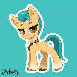 Size: 1500x1500 | Tagged: safe, artist:piripaints, derpibooru import, hitch trailblazer, earth pony, pony, dreamworks face, eyebrows, g5, image, jpeg, looking at you, male, outline, sheriff's badge, simple background, smiling, solo, white outline