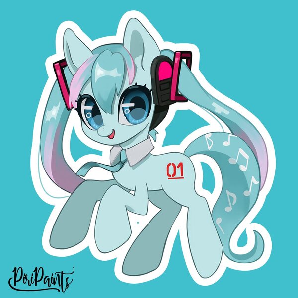 Size: 1200x1200 | Tagged: safe, artist:piripaints, derpibooru import, kotobukiya, ponified, earth pony, pony, anime, female, hatsune miku, headphones, image, jpeg, kotobukiya hatsune miku pony, necktie, open mouth, open smile, simple background, smiling, solo, vocaloid