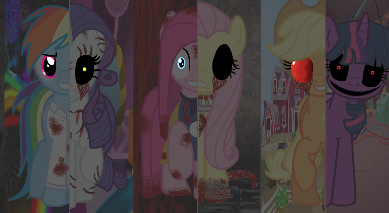 Size: 1546x848 | Tagged: grimdark, artist:mlplovernextgen, derpibooru import, applejack, fluttershy, pinkie pie, rainbow dash, rarity, twilight sparkle, earth pony, pegasus, pony, unicorn, fanfic:cupcakes, fanfic:rainbow factory, lil-miss rarity, amnesia: the dark descent, amnesiashy, apple, apple eyes, applejack's hat, blood, chains, clothes, cowboy hat, creepypasta, cutie mark dress, dress, female, food, frown, hat, horn, horn necklace, image, jewelry, lil miss rarity, mare, necklace, png, raised hoof, scratches, smiling, unicorn twilight, wheel, wingding eyes, wings