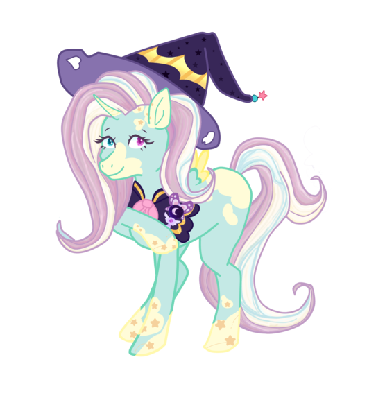 Size: 3624x3917 | Tagged: safe, artist:vernorexia, derpibooru import, oc, oc:cordelia, alicorn, pony, bow, cape, cloak, clothes, commission, female, hat, heterochromia, image, magic, magic wand, magical girl, markings, png, shawl, simple background, small wings, solo, spotted, stars, transparent background, wings, witch hat