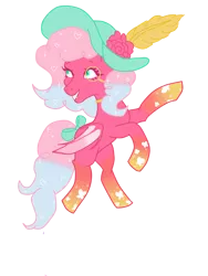 Size: 3024x4032 | Tagged: safe, artist:vernorexia, derpibooru import, oc, oc:floreance, unofficial characters only, bat pony, pony, blue mane, body markings, bow, choker, commission, fangs, feather, flower, fluffy mane, gradient hooves, gradient mane, green eyes, hat, heart, image, markings, monocle, multicolored mane, pink coat, pink mane, png, poofy mane, rearing, rose, simple background, solo, sparkle, tail, tail bow, transparent background, wingding eyes