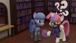 Size: 3840x2160 | Tagged: safe, artist:the luna fan, derpibooru import, moondancer, oc, oc:cosmia nebula, earth pony, pony, 3d, blender, blender cycles, book, bookshelf, choker, clothes, confused, derpibooru exclusive, earth pony oc, glasses, glow, glowing horn, horn, image, magic, mirror, png, potion, question mark, socks, striped socks, sweater, telekinesis, wooden floor