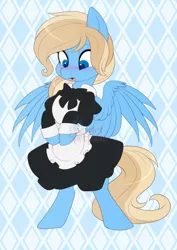 Size: 752x1063 | Tagged: safe, artist:scarlet-spectrum, derpibooru import, part of a set, oc, oc:lusty symphony, unofficial characters only, pegasus, pony, bipedal, blushing, clothes, commission, cute, dress, female, image, jpeg, looking down, maid, mare, ocbetes, open mouth, pegasus oc, solo, surprised face, tail, watermark, wings, ych result