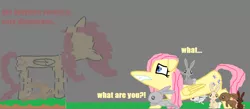 Size: 1219x532 | Tagged: grimdark, artist:gamergirl6456, derpibooru import, fluttershy, pegasus, pony, rabbit, animal, crouching, dialogue, error, evil, evil fluttershy, female, floppy ears, frown, glitch, grass, image, jpeg, mare, no face, scared, static, text, wings