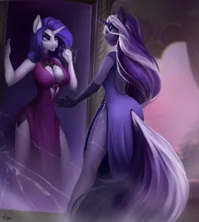 Size: 2388x2664 | Tagged: safe, artist:dacsy, derpibooru import, nightmare rarity, rarity, anthro, unicorn, absolute cleavage, breasts, cleavage, clothes, dress, evening gloves, evil grin, fangs, female, gloves, grin, horn, image, jpeg, lipstick, long gloves, looking at you, mirror, smiling