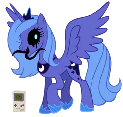 Size: 540x510 | Tagged: grimdark, artist:anon-star, derpibooru import, princess luna, alicorn, pony, loony luna, black sclera, clothes, crown, female, game boy, horn, image, jewelry, mare, nintendo, png, raised hoof, regalia, s1 luna, shoes, simple background, smiling, spread wings, tentacles, transparent background, wings, zalgo