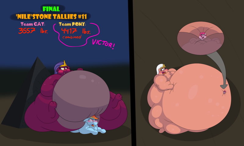 Size: 6000x3594 | Tagged: suggestive, artist:rupertbluefox, derpibooru import, pinkie pie, rainbow dash, somnambula, sphinx (character), earth pony, pegasus, pony, sphinx, series:miles&nilesofcat&fat, 2 panel comic, belly, belly bed, big belly, bipedal, blushing, blushing profusely, burp, butt, chubby cheeks, clothes, comic, desert, egyptian, egyptian headdress, egyptian pony, end, eyeshadow, faceful of ass, facesitting, fat, fat fetish, female, fetish, floppy ears, happy, high res, highlights, hug, huge belly, image, immobile, impossibly large belly, incentive drive, jiggle, large butt, lidded eyes, lip bite, lying down, makeup, mare, missing accessory, morbidly obese, navel play, night, not sure if want, obese, open mouth, panting, paws, piggy pie, plot, png, prone, pudgy pie, puffy cheeks, pyramid, quartet, rainblob dash, see-through, shading, shocked, sitting on, sitting on person, sitting on pony, size difference, smiling, squishy belly, squishy butt, squishy plot, the ass was fat, this ended in weight gain, tongue out, wall of tags, want, weight gain, weight gain sequence