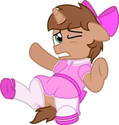Size: 1629x1708 | Tagged: safe, artist:peternators, derpibooru import, oc, oc:heroic armour, unofficial characters only, pony, unicorn, bow, clothes, colt, crossdressing, dress, foal, hair bow, image, male, mary janes, one eye closed, png, ribbon, shoes, simple background, socks, thigh highs, transparent background