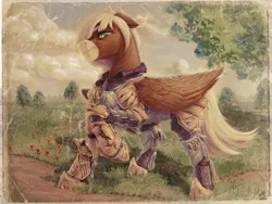 Size: 1988x1495 | Tagged: safe, artist:thatonegib, derpibooru import, oc, oc:star crossed, bat pony, pegasus, armor, chainmail, digital art, frown, image, jpeg, looking at you, painting, realistic, scenery, solo