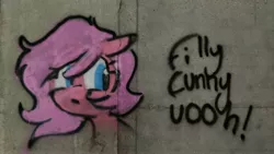 Size: 4000x2248 | Tagged: safe, artist:parfait, derpibooru import, oc, oc:kayla, unofficial characters only, earth pony, pony, bust, female, filly, foal, graffiti, image, irl, jpeg, photo, portrait, text