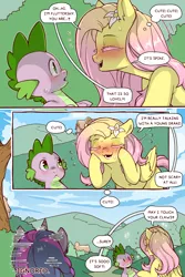 Size: 960x1440 | Tagged: safe, artist:cold-blooded-twilight, derpibooru import, fluttershy, spike, twilight sparkle, cold blooded twilight, comic:cold storm, blushing, comic, dialogue, eyelashes, eyes closed, image, png, speech bubble, thought bubble