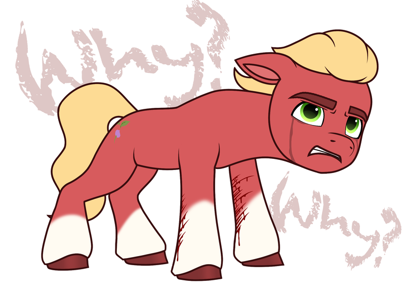 Size: 2060x1490 | Tagged: semi-grimdark, artist:dancingkinfiend, derpibooru import, sprout cloverleaf, earth pony, pony, my little pony: a new generation, base used, bleeding, blonde, blonde hair, blonde mane, blood, coat markings, colored hooves, crying, cut, cutting, derpibooru exclusive, eyebrows down, floppy ears, frown, g5, green eyes, gritted teeth, hooves, image, injured, male, pain, png, red fur, sad, self harm, socks (coat marking), solo, stallion, tail, teeth, wavy hair, wavy mane, wavy tail