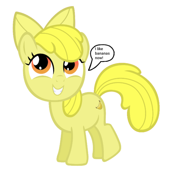 Size: 720x720 | Tagged: safe, artist:pagiepoppie12345, derpibooru import, apple bloom, earth pony, pony, banana, bananabloom, bow, dialogue, dishonorapple, female, filly, foal, food, hair bow, image, mare, png, simple background, smiling, speech bubble, text, transparent background