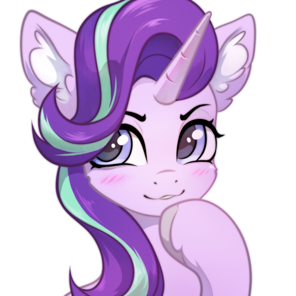 Size: 2000x2000 | Tagged: safe, artist:inowiseei, derpibooru import, starlight glimmer, pony, unicorn, blushing, bust, collaboration, collaboration:choose your starlight, ear fluff, female, image, png, simple background, smiling, solo, thinking, transparent background