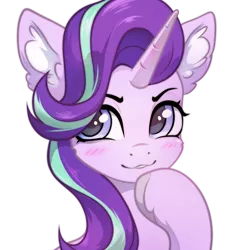 Size: 2000x2000 | Tagged: safe, artist:inowiseei, derpibooru import, starlight glimmer, pony, unicorn, blushing, bust, collaboration, collaboration:choose your starlight, ear fluff, female, image, png, simple background, smiling, solo, thinking, transparent background