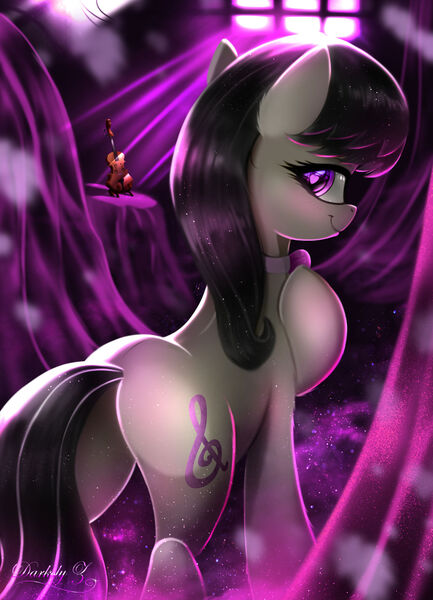 Size: 1625x2250 | Tagged: suggestive, artist:darksly, derpibooru import, octavia melody, earth pony, pony, butt, cello, cutie mark, female, image, jpeg, looking back, mare, musical instrument, plot, smiling, spotlight