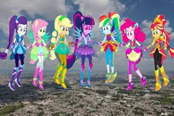 Size: 735x490 | Tagged: safe, derpibooru import, edit, applejack, fluttershy, pinkie pie, rainbow dash, rarity, sci-twi, sunset shimmer, twilight sparkle, equestria girls, alternate hairstyle, boots, clothes, cowboy boots, crystal guardian, gloves, high heel boots, holding hands, humane five, humane seven, humane six, image, jpeg, ponied up, shoes, super ponied up