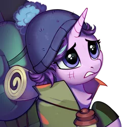 Size: 2000x2000 | Tagged: safe, artist:taneysha, derpibooru import, starlight glimmer, pony, unicorn, the mean 6, backpack, bag, camping outfit, collaboration, collaboration:choose your starlight, cute, female, glimmerbetes, hat, image, lantern, messy mane, png, sad, saddle bag, sadlight glimmer, sadorable, scene interpretation, simple background, solo, transparent background