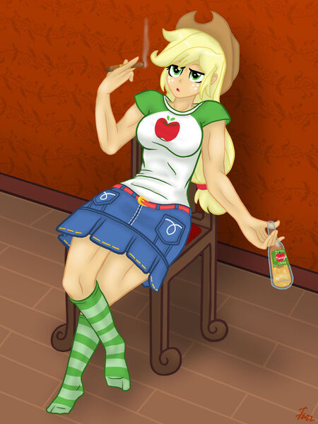 Size: 1280x1708 | Tagged: safe, artist:lennondash, derpibooru import, applejack, equestria girls, applejack's hat, belt, bottle, breasts, busty applejack, chair, cider, cigar, clothes, cowboy hat, denim skirt, female, hat, image, jpeg, lidded eyes, open mouth, shirt, sitting, skirt, slouching, smoke, socks, solo, striped socks, t-shirt