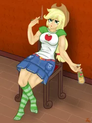 Size: 1280x1708 | Tagged: safe, artist:lennondash, derpibooru import, applejack, equestria girls, applejack's hat, belt, bottle, breasts, busty applejack, chair, cider, cigar, clothes, cowboy hat, denim skirt, female, hat, image, jpeg, lidded eyes, open mouth, shirt, sitting, skirt, slouching, smoke, socks, solo, striped socks, t-shirt