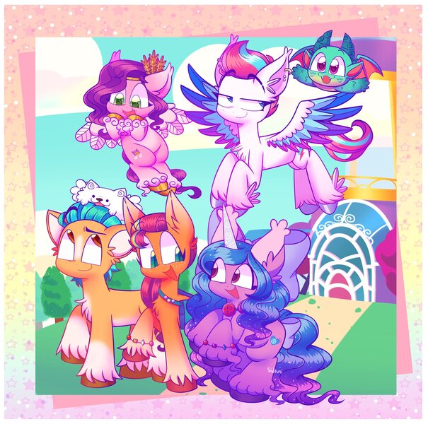 Size: 2048x2030 | Tagged: safe, artist:sidruni, derpibooru import, cloudpuff, hitch trailblazer, izzy moonbow, pipp petals, sparky sparkeroni, sunny starscout, zipp storm, dog, dragon, earth pony, pegasus, pony, unicorn, my little pony: make your mark, bow, chest fluff, crystal brighthouse, cute, ear fluff, ear piercing, female, flying, g5, hair bow, image, jpeg, male, mane five (g5), mare, open mouth, piercing, puppy, stallion, tail, tail bow