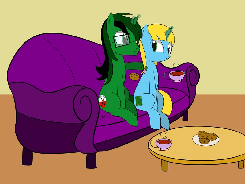 Size: 4000x3000 | Tagged: safe, artist:bestponies, derpibooru import, oc, oc:fernando jesús, oc:sunshine denom, unofficial characters only, pony, unicorn, art trade, bow, cookie, couch, cup, female, food, glasses, hair bow, image, jpeg, looking at each other, looking at someone, magic, male, mare, plate, sitting, smiling, stallion, table, tea, telekinesis