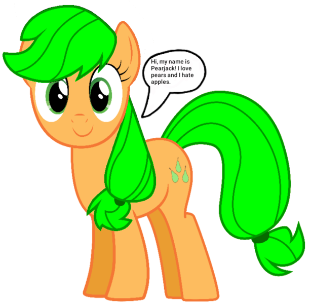 Size: 737x722 | Tagged: safe, artist:pagiepoppie12345, derpibooru import, applejack, earth pony, pony, dialogue, dishonorapple, female, food, fruit heresy, hatless, image, mare, missing accessory, pear, pearjack, png, simple background, smiling, speech bubble, text, transparent background