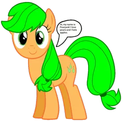 Size: 737x722 | Tagged: safe, artist:pagiepoppie12345, derpibooru import, applejack, earth pony, pony, dialogue, dishonorapple, female, food, fruit heresy, hatless, image, mare, missing accessory, pear, pearjack, png, simple background, smiling, speech bubble, text, transparent background
