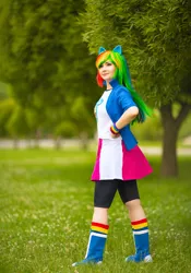 Size: 1280x1829 | Tagged: safe, artist:seabeersky, derpibooru import, rainbow dash, human, equestria girls, clothes, cosplay, costume, image, irl, irl human, jpeg, multicolored hair, photo, rainbow hair, solo