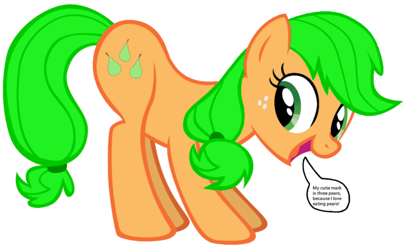 Size: 1076x657 | Tagged: safe, artist:pagiepoppie12345, derpibooru import, applejack, earth pony, pony, dialogue, dishonorapple, female, food, hatless, image, mare, missing accessory, pear, png, simple background, smiling, speech bubble, text, transparent background