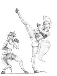 Size: 1000x1338 | Tagged: safe, artist:baron engel, derpibooru import, tempest shadow, oc, oc:skyfall, anthro, unguligrade anthro, unicorn, clothes, gym uniform, horn, image, jpeg, kickboxing, kicking, martial arts, patreon, patreon reward, pencil drawing, simple background, sparring, traditional art, unicorn oc, white background