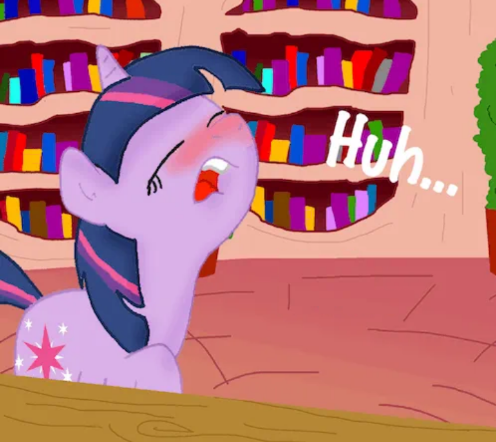 Size: 496x442 | Tagged: safe, artist:ajmstudios, derpibooru import, twilight sparkle, pony, unicorn, blushing, book, bookshelf, dialogue, eyes closed, female, golden oaks library, horn, image, library, mare, png, pre sneeze, text, unicorn twilight