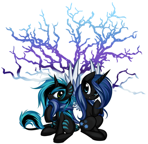 Size: 1541x1502 | Tagged: safe, artist:bamboodog, derpibooru import, oc, oc:cheshire grin, oc:snowdrift, unofficial characters only, pony, unicorn, duo, female, image, mare, png, simple background, transparent background, tree