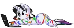 Size: 1626x620 | Tagged: safe, artist:bamboodog, derpibooru import, oc, unofficial characters only, unicorn, zebra, zebracorn, colorful, computer, image, laptop computer, png, simple background, solo, transparent background