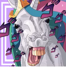 Size: 500x579 | Tagged: safe, artist:merumeto, derpibooru import, edit, princess celestia, alicorn, bust, female, hoers, horses doing horse things, image, jojo's bizarre adventure, majestic as fuck, menacing, not salmon, oh god, open mouth, pixiv, png, portrait, simple background, solo, teeth, wat, yawn