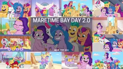 Size: 1974x1111 | Tagged: safe, derpibooru import, edit, edited screencap, editor:quoterific, screencap, hitch trailblazer, izzy moonbow, pipp petals, posey (g5), sunny starscout, zipp storm, bird, crab, earth pony, pegasus, pony, seagull, unicorn, my little pony: tell your tale, spoiler:g5, spoiler:my little pony: tell your tale, spoiler:tyts01e11, balloon, blender (object), computer, corn, dahlia (g5), eyes closed, food, g5, grin, image, laptop computer, mane five (g5), maretime bay day 2.0, mcsnips-a-lot, open mouth, open smile, png, smiling, spread wings, text, wings