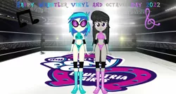 Size: 3330x1785 | Tagged: suggestive, derpibooru import, octavia melody, vinyl scratch, equestria girls, belly button, breasts, busty octavia melody, busty vinyl scratch, clothes, elbow pads, image, knee pads, looking at you, png, sports, sports bra, sports panties, tag team, vinyl and octavia day, wrestler, wrestling, wrestling ring