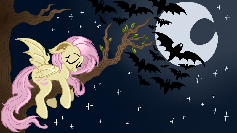 Size: 1280x720 | Tagged: safe, artist:goreharvest, derpibooru import, fluttershy, bat, bat pony, pony, bat ponified, female, flutterbat, image, jpeg, mare, night, race swap, sleeping, tree